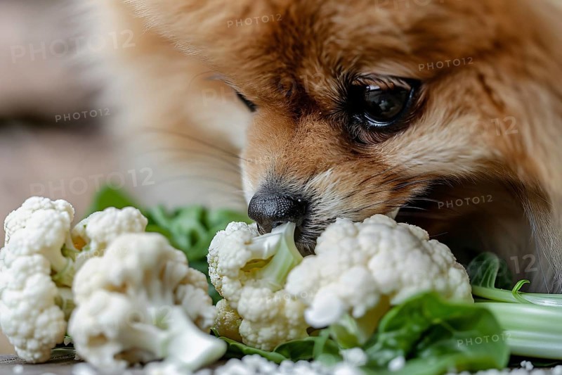 Close up of cute Pomeranian dog eating raw cauliflower vegetable. Generative AI, AI generated