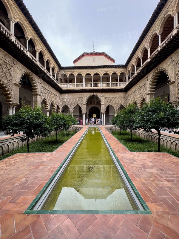 Patio de las Doncellas, Courtyard of the Virgins, with stucco arabesques in the Mudejares style, Alcazar, Royal Palace of Seville, Seville, Spain, Europe