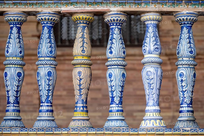 Coloured azulejos, bridge railings, Plaza de Espana, Seville, Andalusia, Spain, Europe