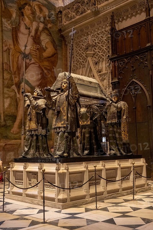 Sarcophagus of Christopher Columbus in the interior of the Cathedral of Santa Maria de la Sede in Seville, Andalusia, Spain, Europe