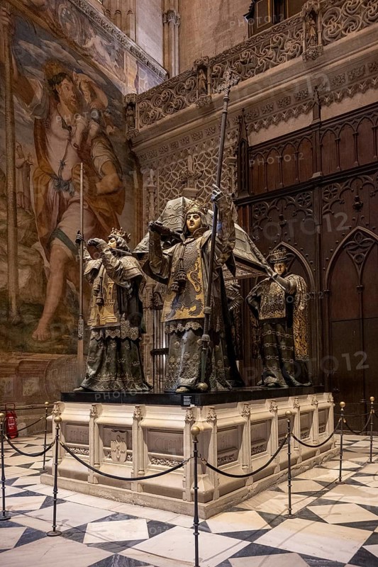 Sarcophagus of Christopher Columbus in the interior of the Cathedral of Santa Maria de la Sede in Seville, Andalusia, Spain, Europe