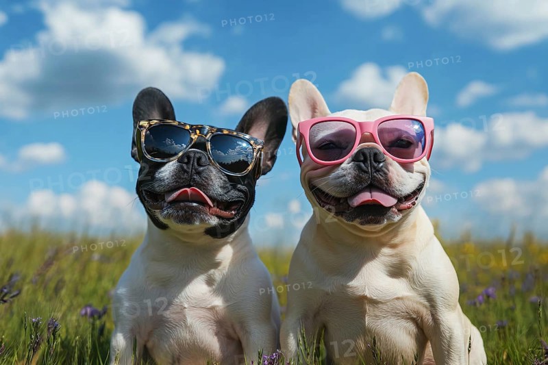 Pair of pied and fawn cute happy French Bulldog dogs wearing sunglasses in summer in front of meadow and blue sky on hot day. Generative Ai, AI generated