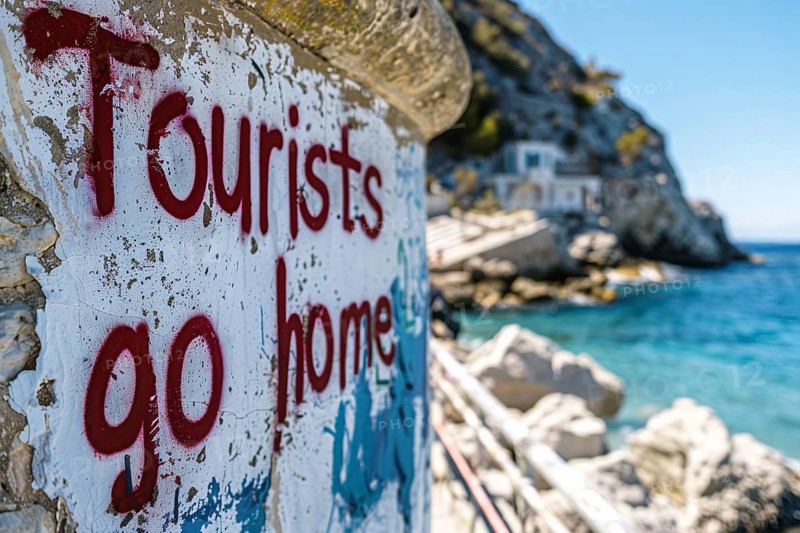 Graffiti with text 'Tourists go home' sprayed on white wall as part of anti-tourism protests, AI generated
