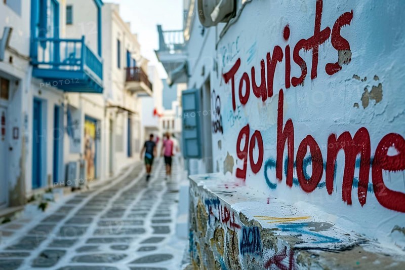 Graffiti with text 'Tourists go home' sprayed on white wall as part of anti-tourism protests, AI generated