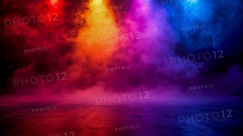 A vibrant and energetic stage setup with colorful spotlights and thick smoke, AI generated
