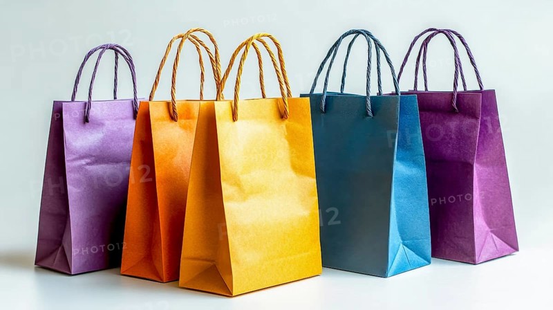 Five bright paper bags in various colors including orange, blue, and purple on a white background, AI generated