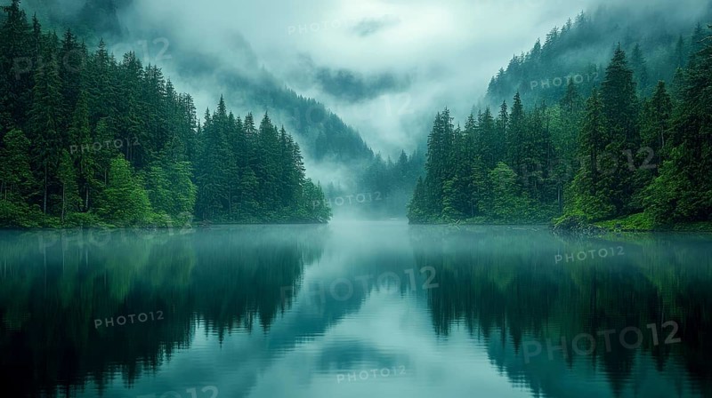 Fog-covered mountains and dense pine trees reflect in the mirror-like surface of a peaceful lake, AI generated