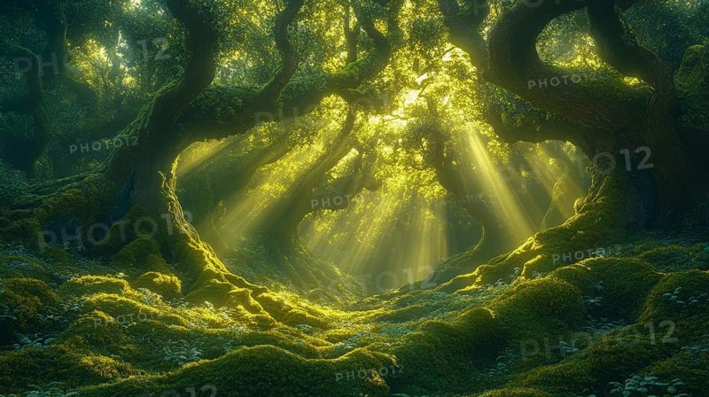 Enchanted forest with green foliage and sunlight streaming through tree branches, creating a magical atmosphere, AI generated