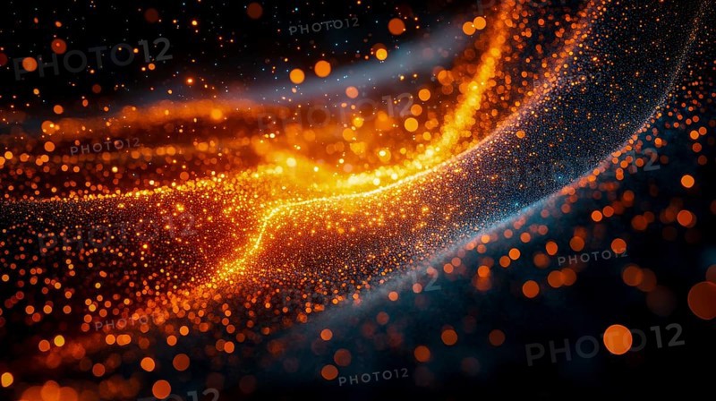 Abstract digital art with orange particles against a dark background, forming energetic wave patterns, AI generated