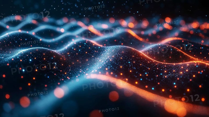 Abstract digital image with red and blue glowing particles creating dynamic wave formations, AI generated