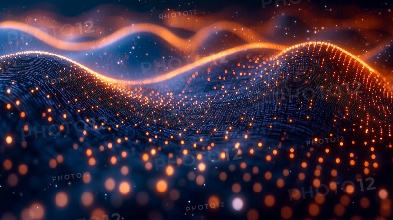 Abstract digital image featuring glowing orange and blue particles forming wave-like patterns, AI generated
