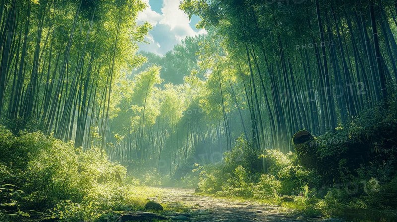 A sun-dappled path winds through a tranquil bamboo forest, AI generated