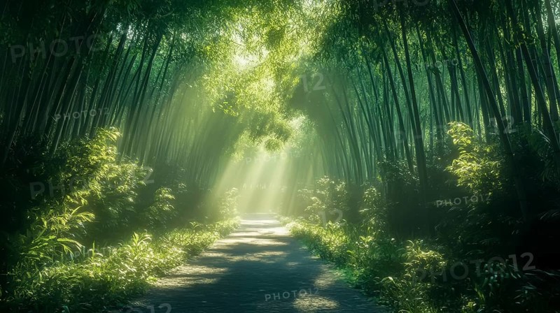 Sunlight filters through a dense bamboo forest, illuminating a tranquil pathway, AI generated