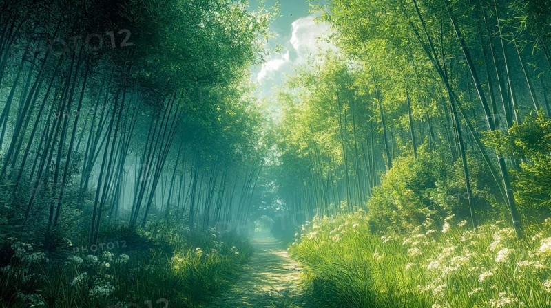A tranquil bamboo forest with a sunlit path surrounded by lush greenery, AI generated