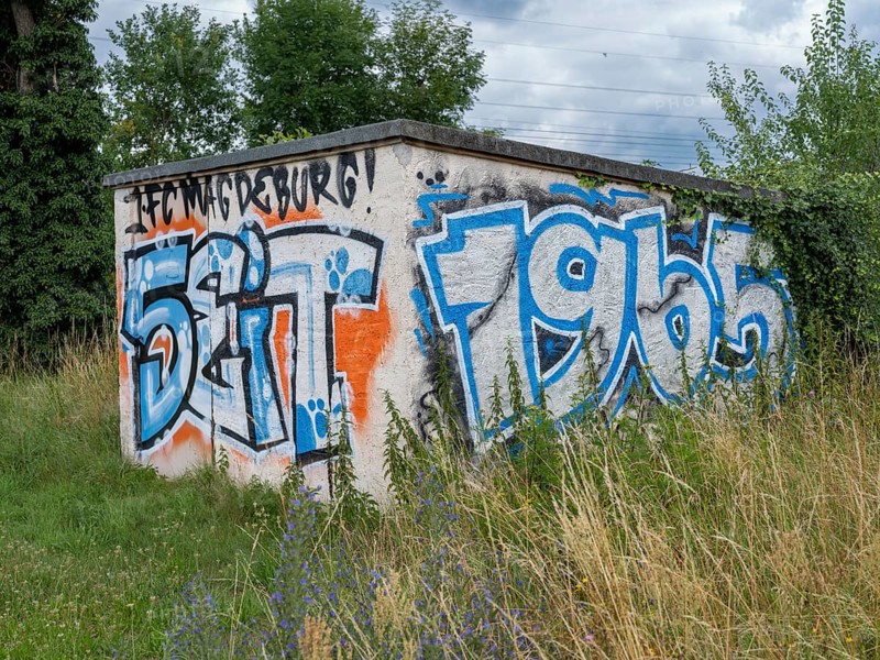 Graffiti 1. FC Magdeburg since 1965 on a wall at Jersleber See. In the European Cup, the football club 1. FC Magdeburg reached the quarter-finals in the 1965-66 season after an 8:1 victory over FC Sion on 17 November 1965, the highest victory in its European Cup history, Jersleben, Saxony-Anhalt, Germany, Europe