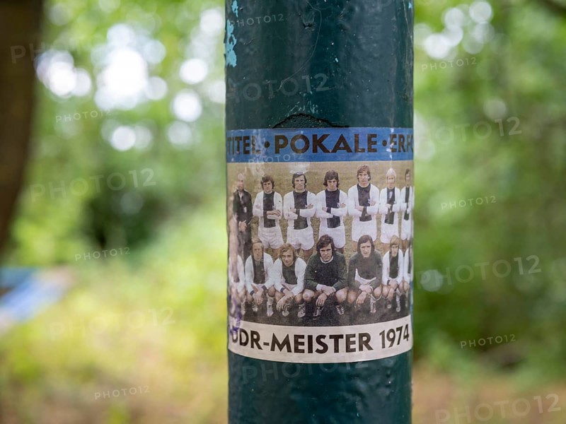 Sticker with the photo of the football team 1. FC Magdeburg, GDR champion 1974, on a lamppost at the Jersleber See next to a camping site, Jersleben, Saxony-Anhalt, Germany, Europe