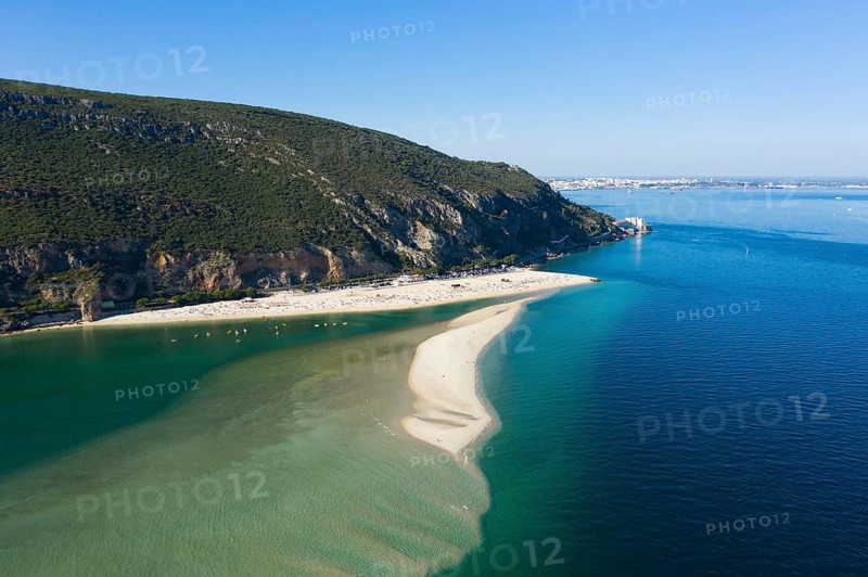 Figueirinha White Beach and Sandspit, Mountain and Atlantic Ocean. Portugal. Aerial View