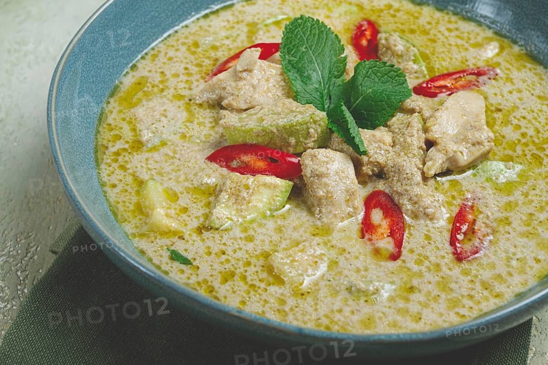 Green curry with chicken, traditional Thai cuisine, Asian food, homemade, no people