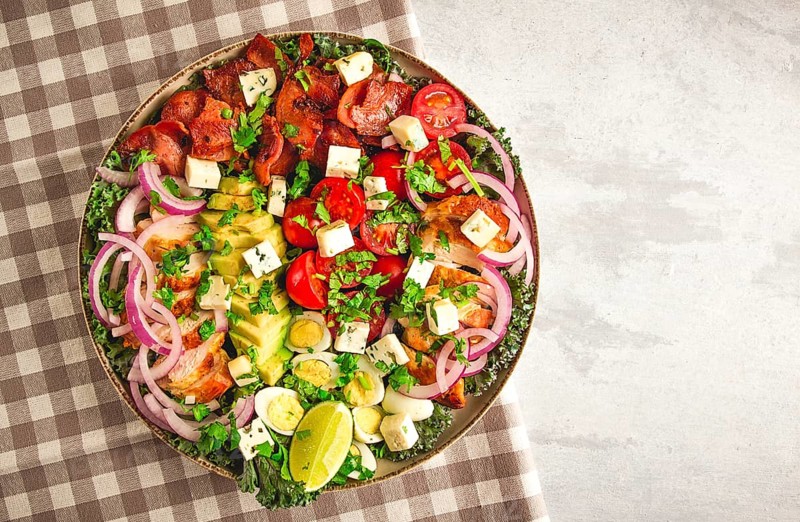 Cobb salad, keto food, top view, no people, close-up