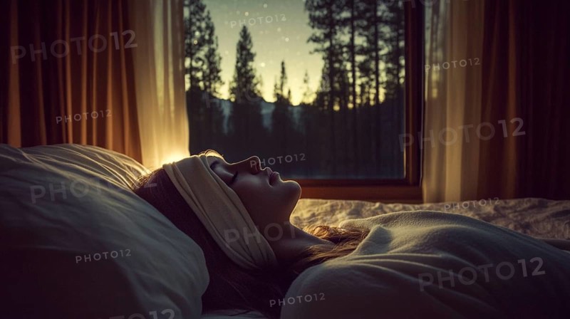 A woman lying in bed at night, gazing out a window at the stars, evoking a sense of peace and serenity, AI generated