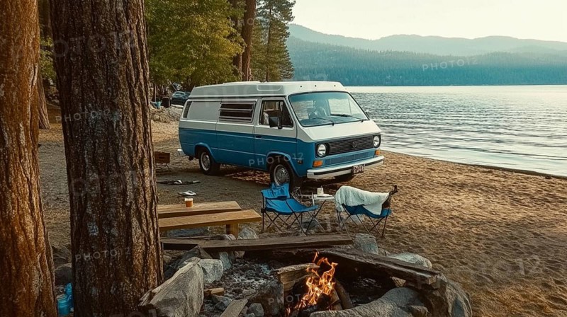 Van parked near a lake and a campsite with chairs and a table, evoking a peaceful and serene atmosphere, AI generated