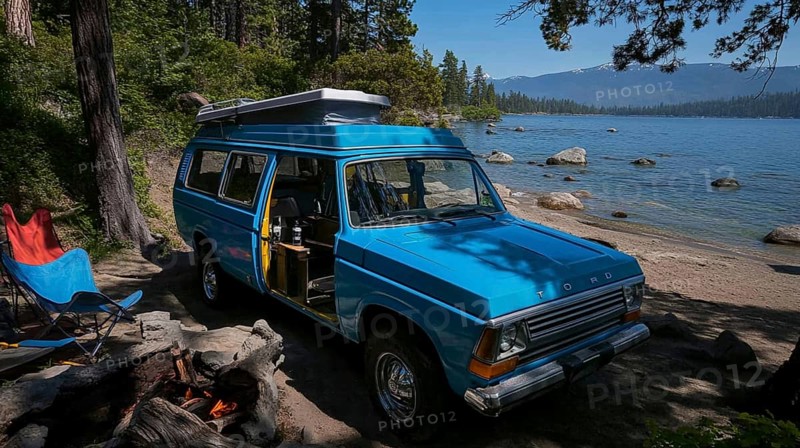 Blue van parked by a lake, set up for camping with a fire pit, surrounded by nature and mountains, AI generated