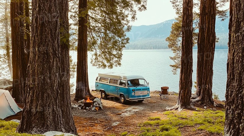 A blue van parked by a lake in a forest, with a campfire setup and tent, evoking an outdoor adventure, AI generated