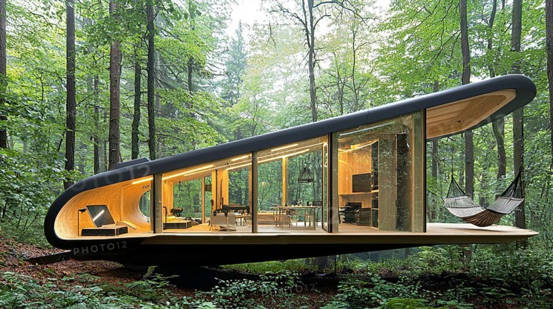 Modern forest cabin with a curved design, glass facade, wooden interior, and a hammock, situated amidst greenery, AI generated