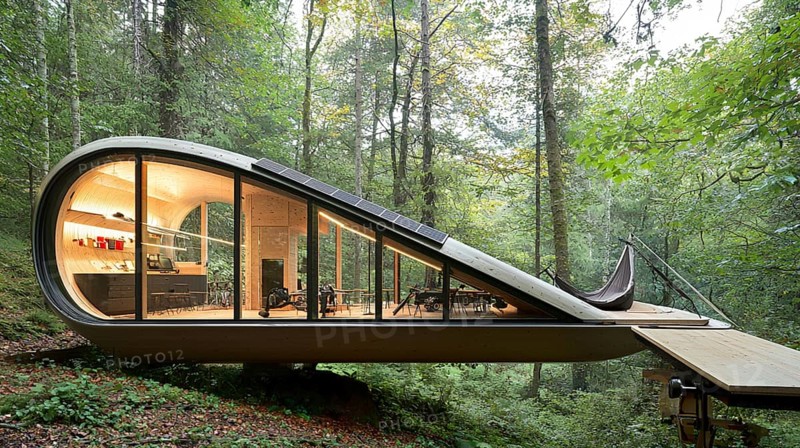 Modern cabin with glass walls and a curved roof in a lush green forest, featuring a wooden interior and solar panels, AI generated