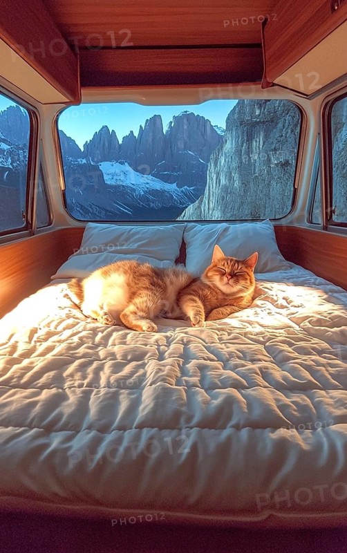A cat lying on a bed inside a van with a breathtaking view of mountains and cozy warm lighting, AI generated