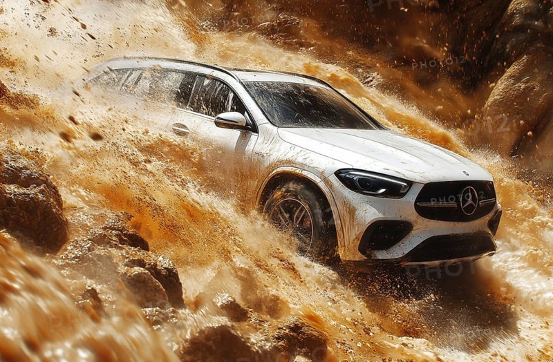 A white Mercedes-Benz SUV creating a large water splash as it drives through a rocky terrain, AI generated