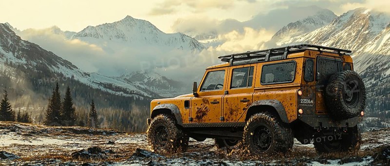 Rugged SUV navigating off-road terrain against a backdrop of scenic, snow-capped mountains, AI generated
