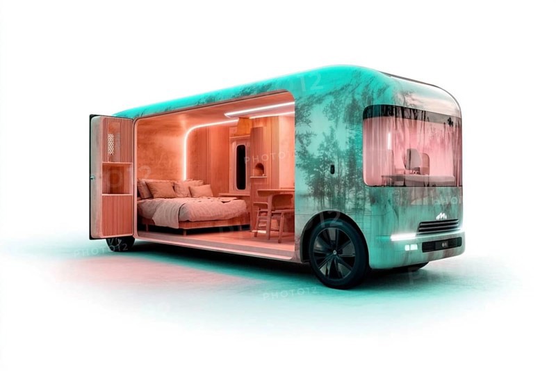 Modern van with a minimalist interior, featuring a bed and desk, with wood elements and a cozy atmosphere in teal lighting, AI generated
