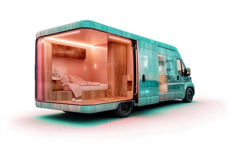Modern van with a minimalist interior, featuring a bed, warm wood elements, and cozy ambiance with teal exterior lighting, AI generated