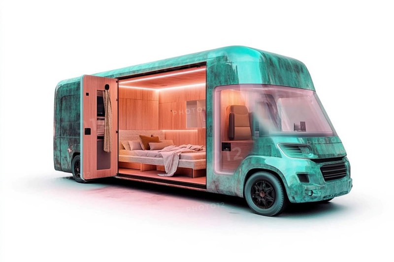 A green luxurious caravan with a minimalist and open interior design set against a white background, AI generated