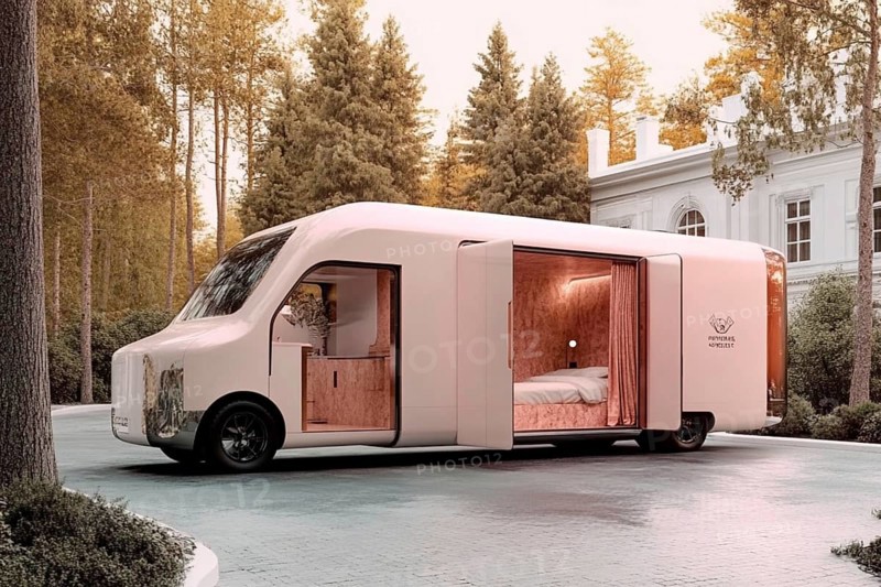 Luxurious white caravan with an open interior situated in a forest near classic architecture, AI generated