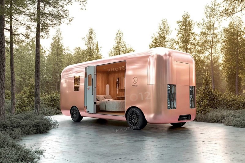 Pink luxurious caravan with an open, minimalist interior set in a serene forest, featuring sleek glass doors, AI generated