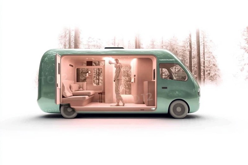 Minimalist green caravan in a forest with a person inside enjoying the sleek and luxurious open interior design, AI generated