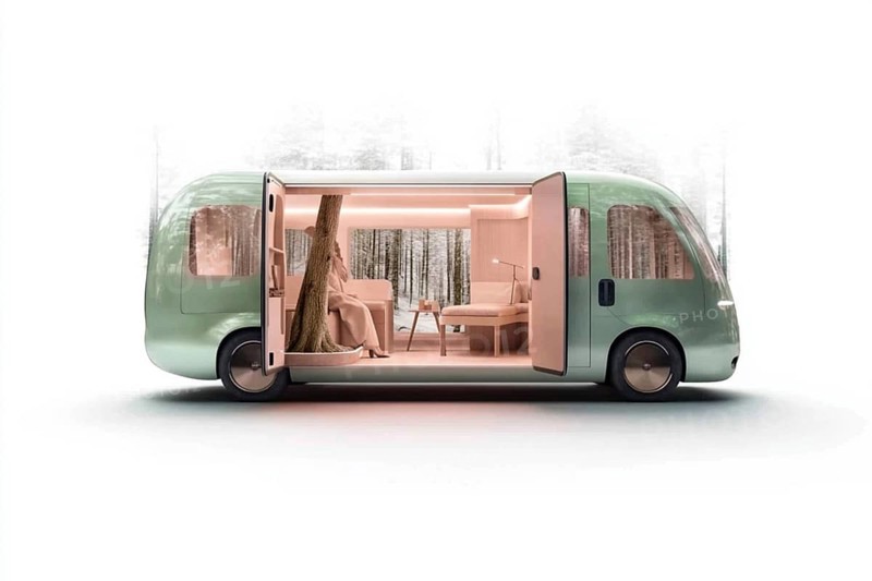Luxurious modern green van with a sleek design, featuring a comfortable interior and forest backdrop, AI generated