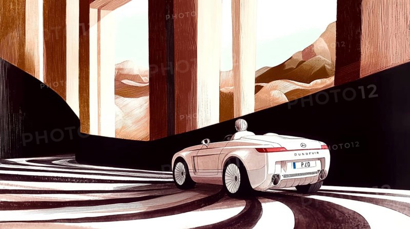 An illustration of a convertible driving on a winding road surrounded by modern architecture and mountains, AI generated