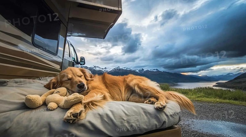 Dog sleeping on RV bed with a toy beside, overlooking a lake and mountains under a cloudy sky, AI generated