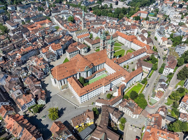 The historic old town of St. Gallen with the monastery quarter and the cathedral, collegiate church of St. Gallus and Otmar, UNESCO World Heritage Site, aerial view, Canton of St. Gallen, Switzerland, Europe