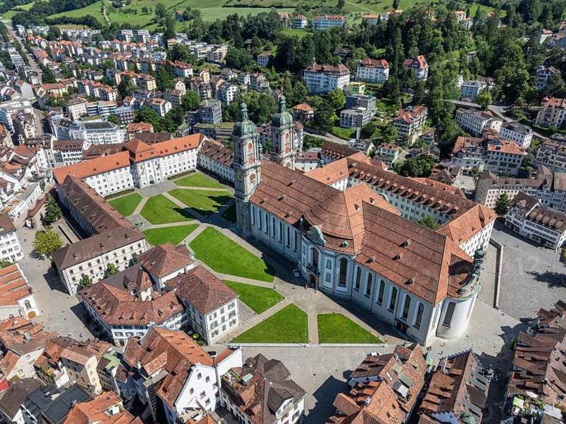 The historic old town of St. Gallen with the monastery quarter and the cathedral, collegiate church of St. Gallus and Otmar, UNESCO World Heritage Site, aerial view, Canton of St. Gallen, Switzerland, Europe