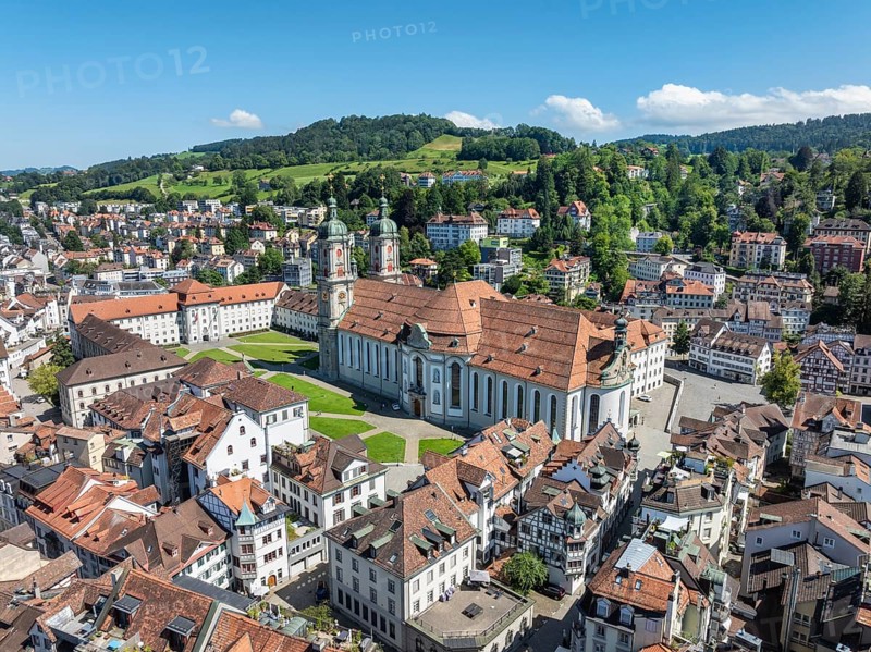 The historic old town of St. Gallen with the monastery quarter and the cathedral, collegiate church of St. Gallus and Otmar, UNESCO World Heritage Site, aerial view, Canton of St. Gallen, Switzerland, Europe