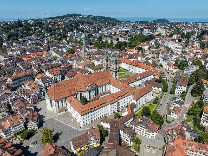 The historic old town of St. Gallen with the monastery quarter and the cathedral, collegiate church of St. Gallus and Otmar, UNESCO World Heritage Site, Lake Constance on the horizon, aerial view, Canton of St. Gallen, Switzerland, Europe