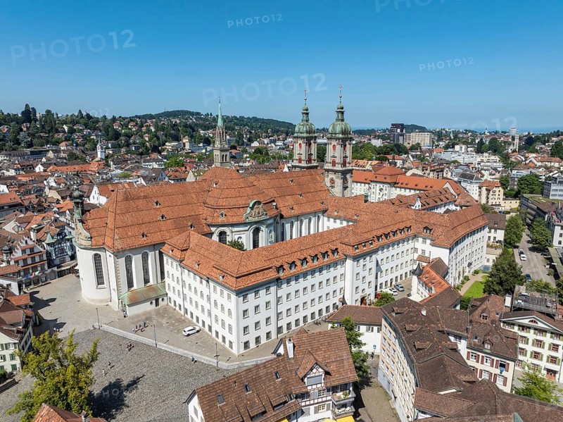 The historic old town of St. Gallen with the monastery quarter and the cathedral, collegiate church of St. Gallus and Otmar, UNESCO World Heritage Site, aerial view, Canton of St. Gallen, Switzerland, Europe