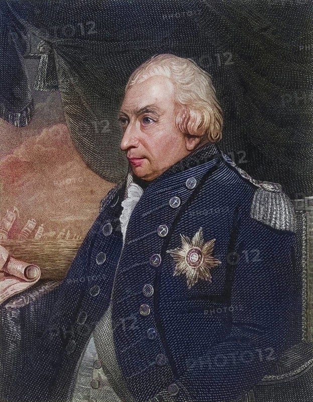 John Jervis, Earl St Vincent (1735-1823), born in Meaford, Staffordshire. English naval officer who joined the Royal Navy in 1749 and reached the rank of admiral. Commander-in-chief of the British Mediterranean fleet (1796-1799) and made Earl St Vincent for defeating the Spanish fleet off Cape St Vincent. First Lord of the Admiralty in 1801. Retired in 1811. From the National Portrait Gallery by James Jerdan (London, 1830) ., Historic, digitally restored reproduction from a 19th century original, Record date not stated
