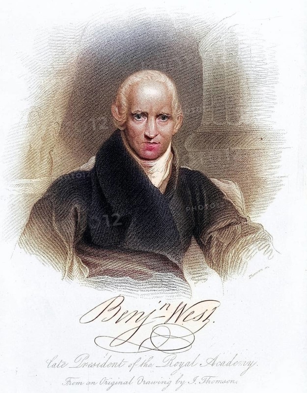 Benjamin West (1738-1820) was an American-born British painter who settled in London in 1763. As a portrait painter, he changed the tradition of depicting sitters in classical costumes by showing them in contemporary dress instead. Engraving from The World's Great Men (London, ca. 1870) ., Historical, digitally restored reproduction from a 19th century original, Record date not stated