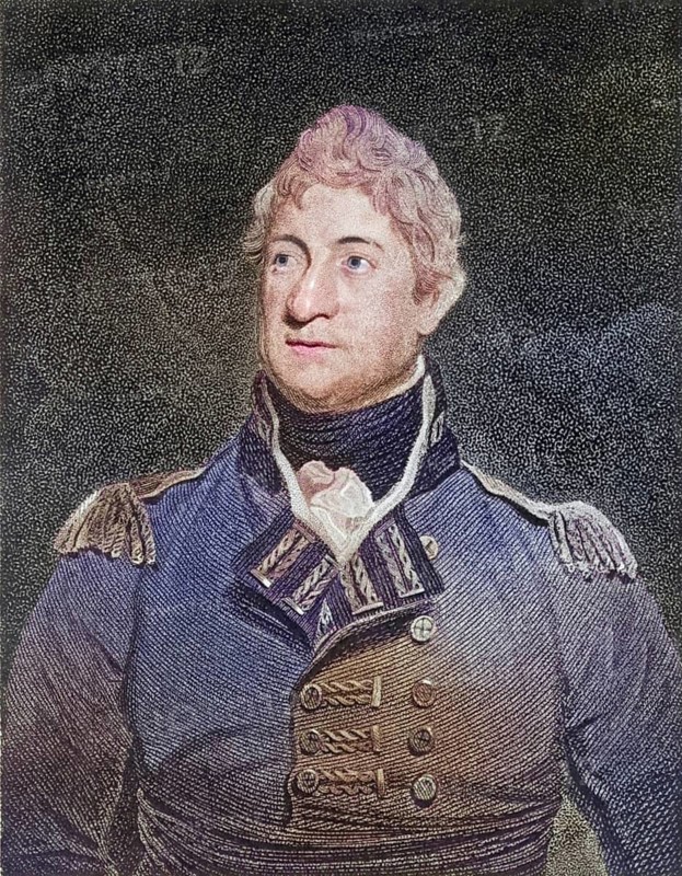 Thomas Picton (1758-1815), English soldier. In the campaign around the Iberian Peninsula he commanded the Fighting Division in Spain (1810) and distinguished himself at Busaco, Fuentes de Onoro, Badajoz and Vittoria. He was seriously wounded at Quatre Bras and died while leading his men in the attack at Waterloo. Dot engraving from History of the Wars Occasioned by the French Revolution... by CH Gifford (London, 1817), Historical, digitally restored reproduction from a 19th century original, Record date not stated