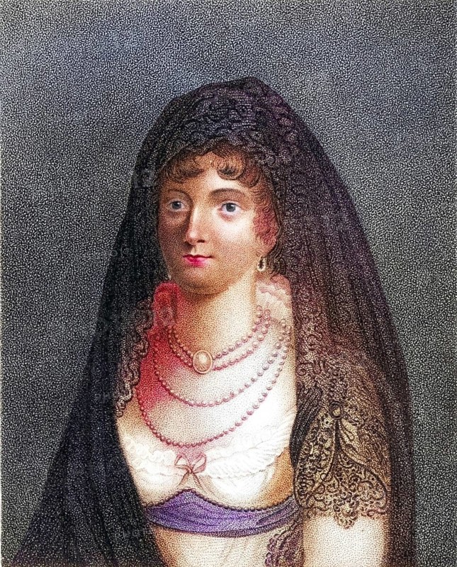 Marie Chamand, Comtesse de Lavalette (1781-1855), woman of the Comte de Lavalette, French politician and Napoleonic general, and niece of Josephine Beauharnais. In 1815, she saved her man's life by swapping clothes with him, thus enabling him to escape from prison shortly in front of he was to be executed as part of the second Bourbon Restoration. Dot engraving from History of the Wars Occasioned by the French Revolution... by CH Gifford (London, 1817), Historical, digitally restored reproduction from a 19th century original, Record date not stated